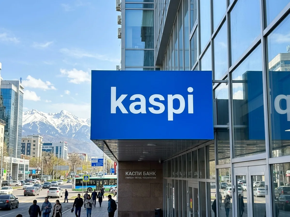 Логотип компании Kaspi — синий прямоугольник с белой надписью kaspi, финтех и ритейл Казахстана