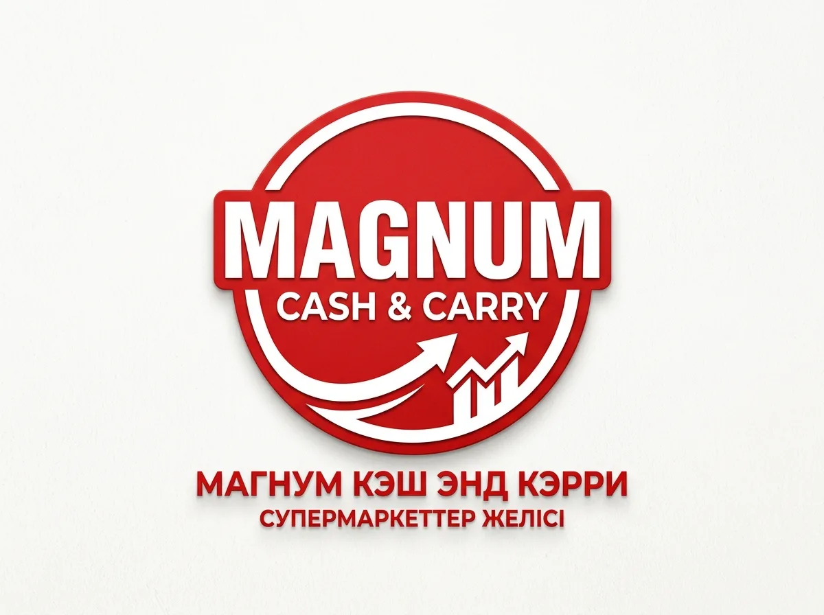 Логотип Magnum Cash&Carry — крупнейшая сеть супермаркетов Казахстана, красно-белые цвета