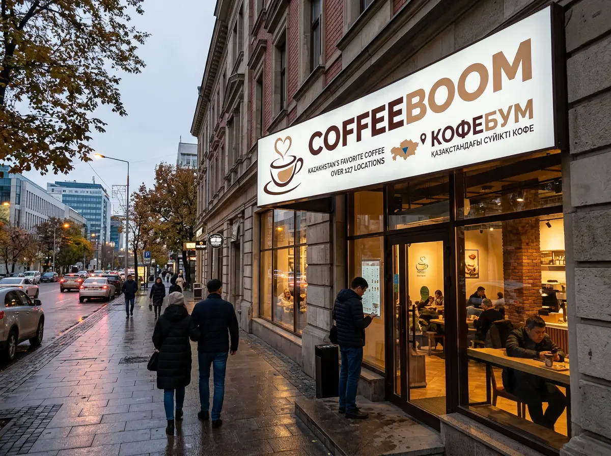 Логотип CoffeeBoom — сеть кофеен Казахстана, 127+ заведений, стильный коричнево-бежевый логотип
